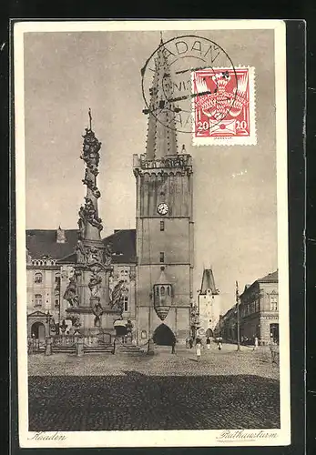 AK Kaaden / Kadan, Rathausturm mit Dreifaltigkeitssäule