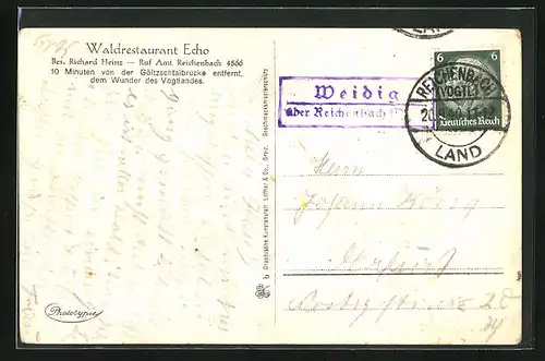 AK mit Landpoststempel Weidig über Reichenbach