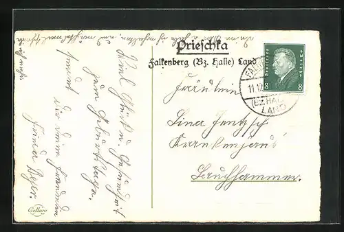 AK mit Landpoststempel Prieschka Falkenberg (Bz. Halle) Land
