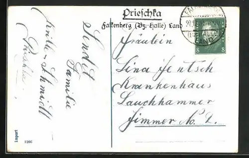 AK mit Landpoststempel Prieschka Falkenberg (Bz. Halle) Land