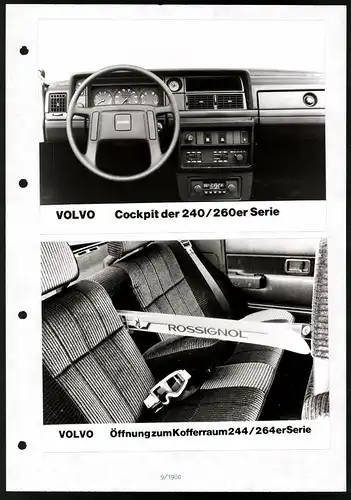 2 Fotografien Auto Volvo 240 /260, Cockpit & Rückbank mit Kofferraumöffnung für sperrige Gegenstände z.B. Ski