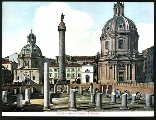 Fotografie-Lichtdruck unbekannter Fotograf, Ansicht Rom - Roma, Fore e Colonna di Traiano