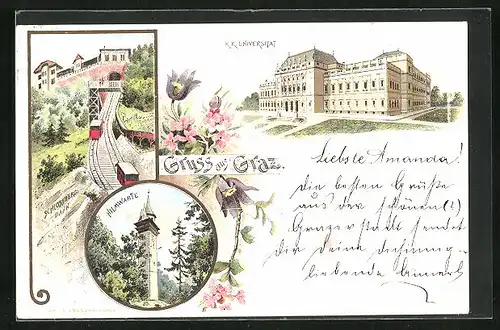 Lithographie Graz, Hilmwarte, Schlossberg-Bahn, K.K. Universität