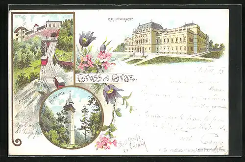 Lithographie Graz, Schlossberg-Bahn, K.K. Universität, Hilmwarte