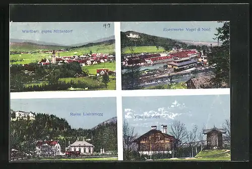 AK Wartberg, Villa Bührlen, Ruine Liehtenegg, Eisenwerke Vogel u. Noot