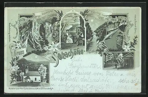 Mondschein-Lithographie Golling, Salzachöfen, Kirche, Ortspartie