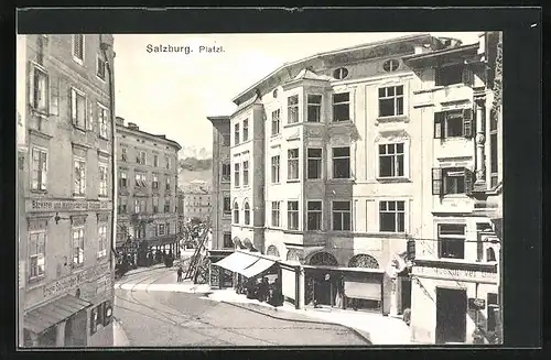 AK Salzburg, Platzl mit Bäckerei und Geschäften