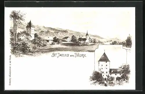 AK St. Jakob am Thurn, Ortspartie mit Kirche, Gebäudeansicht