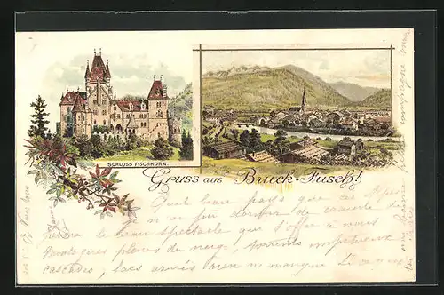 Lithographie Bruck-Fusch, Schloss Fischhorn, Uferpartie