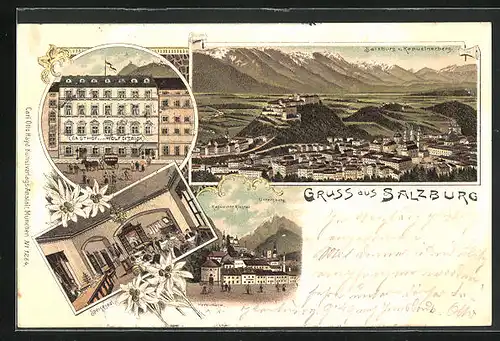 Lithographie Salzburg, Gasthof zum Wolf Ditrich, Inneres Speisesaal, Kapuzinerkloster mit Hexenturm und Untersberg