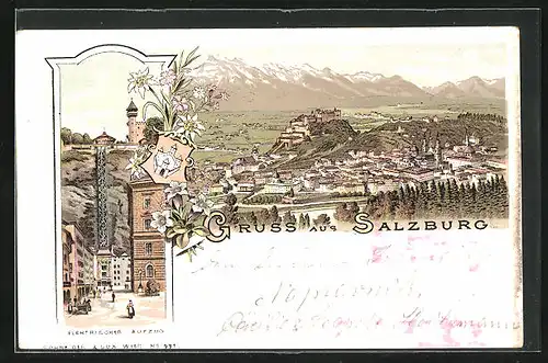 Lithographie Salzburg, Elektrischer Aufzug, Panoramablick auf Stadt und Landschaft