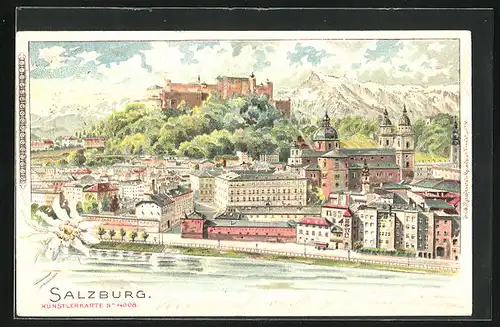 Lithographie Salzburg, Teilansicht der Stadt mit Festung