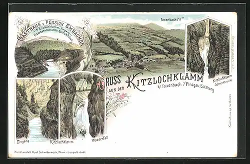 Lithographie Taxenbach /Pinzgau, Gasthaus und Pension Embacher, Kitzlochklamm