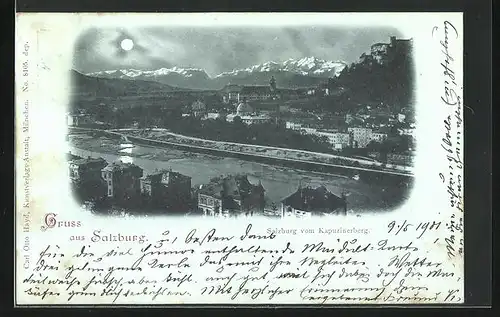 Mondschein-AK Salzburg, Totalansicht vom Kapuzinerberg aus
