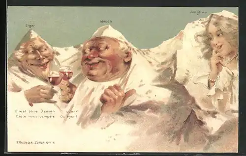 Lithographie Killinger Nr. 114: Eiger und Mönch trinken ohne Jungfrau Wein, Berg mit Gesicht / Berggesichter