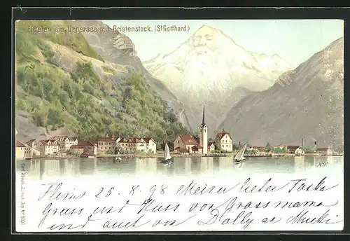 Lithographie Künzli Nr. 5021: Fluelen am Urnersee, Ortsansicht mit Bristenstock, Berg mit Gesicht / Berggesichter