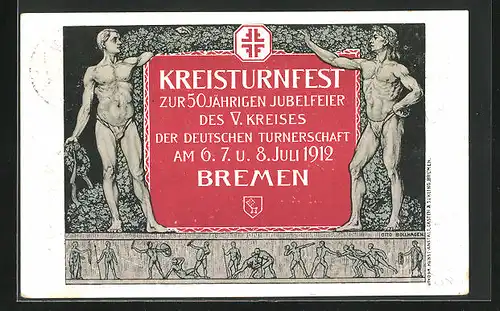 AK Bremen, Kreisturnfest zur 50 jährigen Jubelfeier 1912, Atlethische Turner in Sportbekleidung
