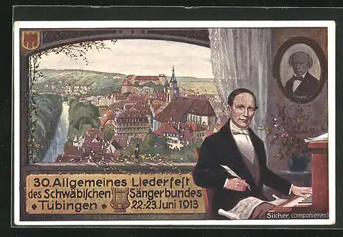 Künstler-AK Ganzsache PP27C186 /03: Tübingen 30. Allgemeines Liederfest 1913, Sängerfest des Schwäbischen Sängerbundes