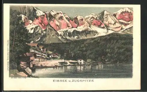 Künstler-AK Seiling Nr. 52: Eibsee und kalte Nasen mit der Zugspitze, Berg mit Gesicht / Berggesichter