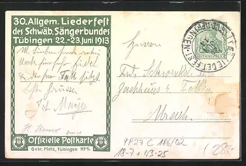 Künstler-AK Ganzsache PP27C186 /02: Tübingen, 30. Allgem. Sängerfest des schwäb. Sängerbundes 1913