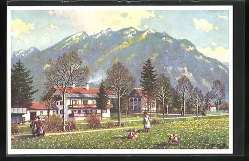 Künstler-AK Ganzsache PP120C1 /01: Oberammergau, Passionsspiele 1930, Kinder auf der Blumenwiese