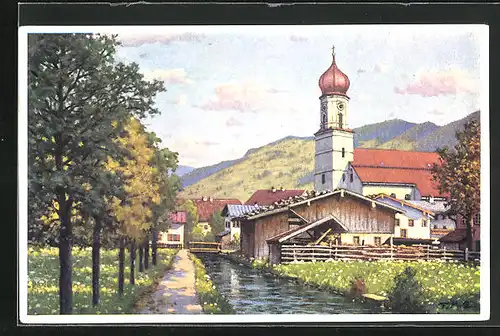 Künstler-AK Ganzsache PP120C1 /02: Oberammergau, Passionsspiele 1930, Partie am Mühlbach mit Kirche