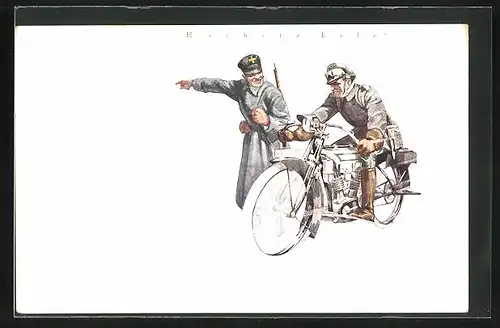 Künstler-AK sign. K. W. Boehmer: Höchste Eile, Soldat auf dem Motorrad