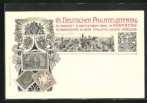 Künstler-AK Nürnberg, 18. Deutscher Philatelistentag 1906, Ausstellung, Ganzsache Bayern