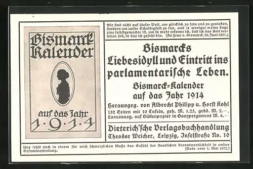 AK Bismarck-Kalender auf das Jahr 1914, Bismarcks Liebesidyll und Eintritt ins parlamentarische Leben