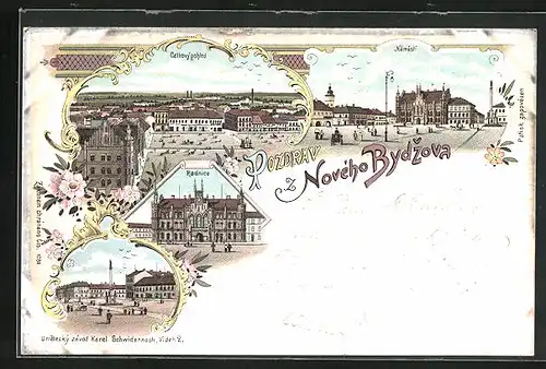 Lithographie Novy Bydzov, Radnice, Celkovy pohled, Namesti