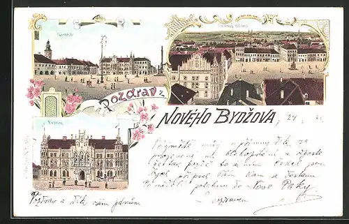 Lithographie Novy Bydzov, Namesti, Cekovy pohled, Radnice