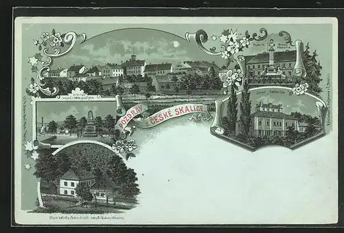 Mondschein-Lithographie Ceska Skalice, Zamek Ratiborice, Pomnik Bozeny Nemcove