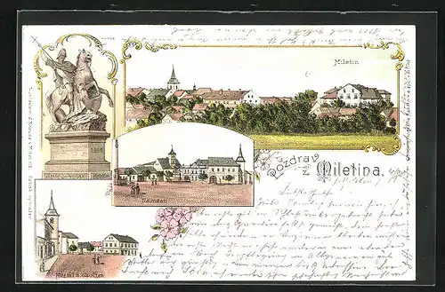 Lithographie Miletin, Namesti, Kostel s okolim