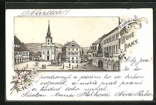 Lithographie Nova Paka, Ortspartie mit Kirche