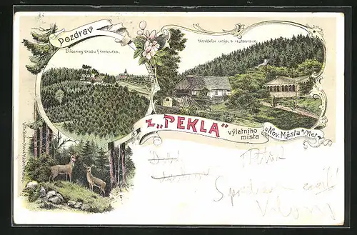 Lithographie Peklo, Novakuv mlyn a restaurace, Zriceniny hradu Frimburka