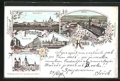 Lithographie Königgrätz / Hradec Kralove, Kormenskeho trida, Namesti, Panorama