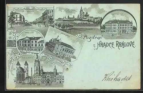 Mondschein-Lithographie Königgrätz / Hradec Kralove, Adalbertinum, Vyssi obchodni skola, Panorama