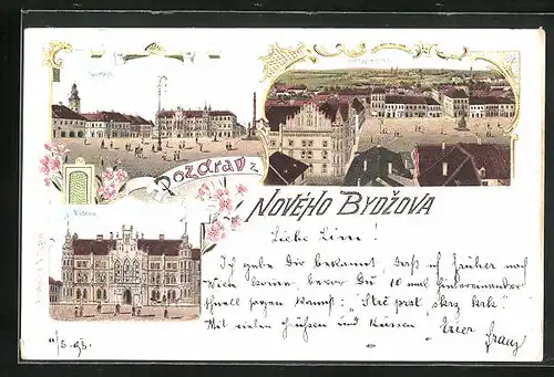 Lithographie Novy Bydzov, Radnice, Celkovy pohled, Namesti