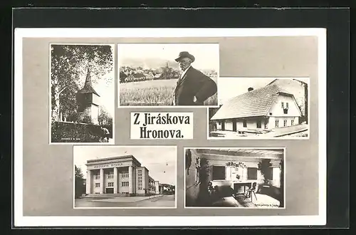 AK Hronov, Alter Mann mit Hut, Divadlo, Kirchturm