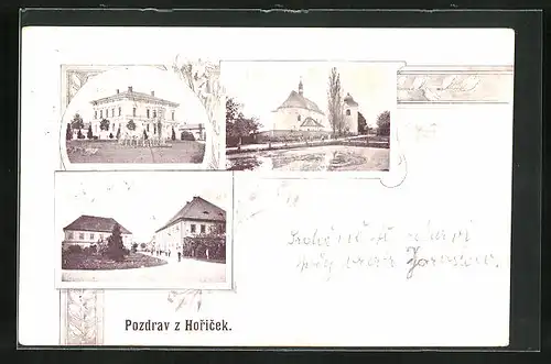 AK Horicky, Strassenpartie, Kirche, grosses Gebäude