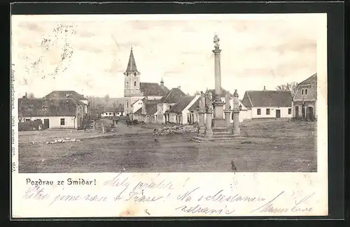 AK Smidary, Platz mit Säule und Kirche