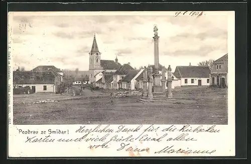 AK Smidary, Kirche und Säule auf grossem Platz