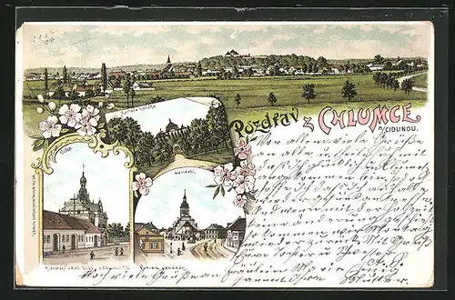 Lithographie Chlumce N. C., Namesti, Villa, Karlova koruna