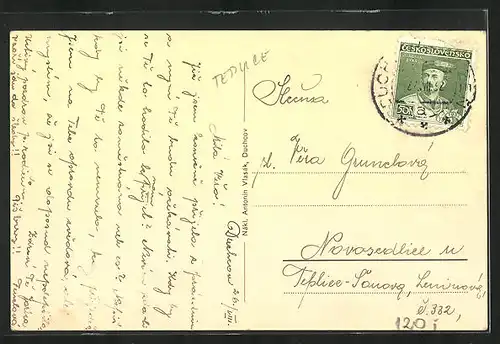 AK Dux / Duchcov, Boote auf dem See, Blick zur Kirche