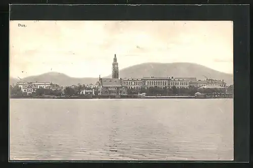 AK Dux / Duchcov, Evangelische Kirche vom See aus betrachtet