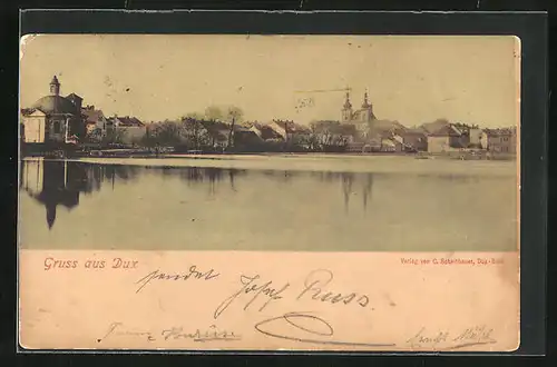 AK Dux / Duchcov, Blick auf Stadt vom See aus