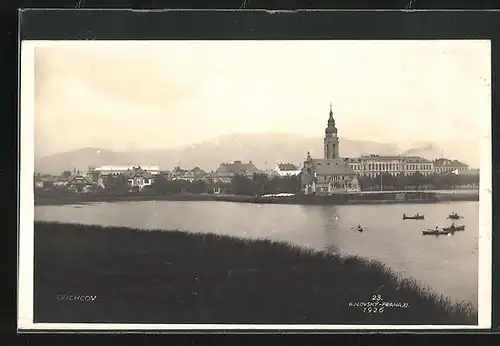 AK Dux / Duchcov, See, Boote, Kirche