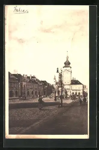 AK Zatec, Strassenpartie mit Gebäudeansicht