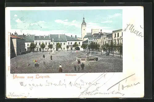AK Leipnik /Lipnik, Námesti, Marktplatz mit Mariensäule und Brunnen