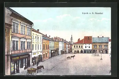 AK Leipnik /Lipnik, Námesti, Marktplatz mit Geschäften und Fuhrwerken